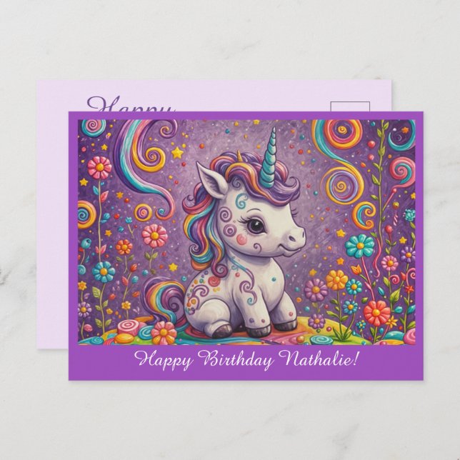 Carte Postale Bébé mignon Unicorn violet voeux d'anniversaire (Devant / Derrière)