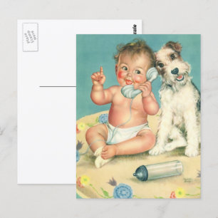 Carte Postale Bébé mignon vintage parlant au téléphone avec un c