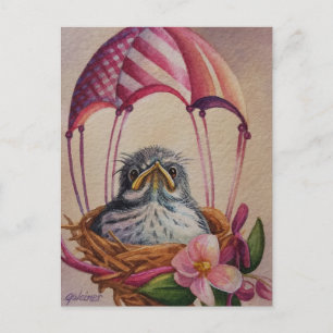 Carte Postale Bébé oiseau flambant rose Parachute Aquarelle Art