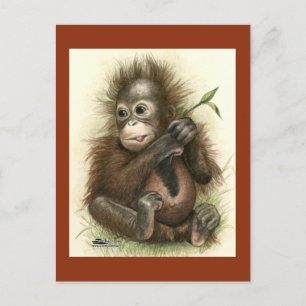 Carte Postale Bébé orang-outan avec des feuilles