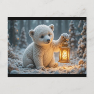 Carte Postale Bébé ours polaire avec lanterne Magique Hiver