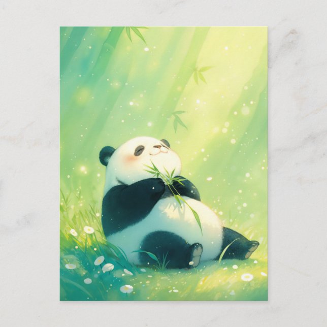Carte Postale Bébé Panda Heureux dans une Forêt de Bambou Ensole (Devant)