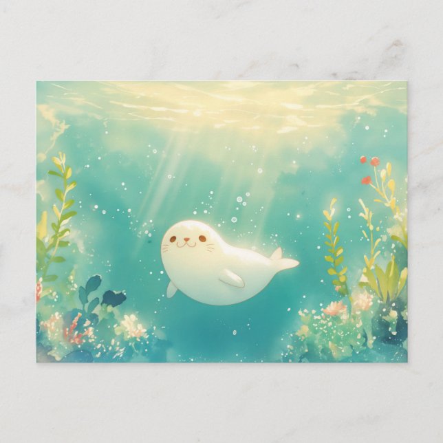 Carte Postale Bébé phoque adorable dans un océan lumineux (Devant)