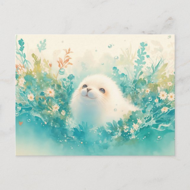 Carte Postale Bébé phoque adorable dans une prairie à l'aquarell (Devant)