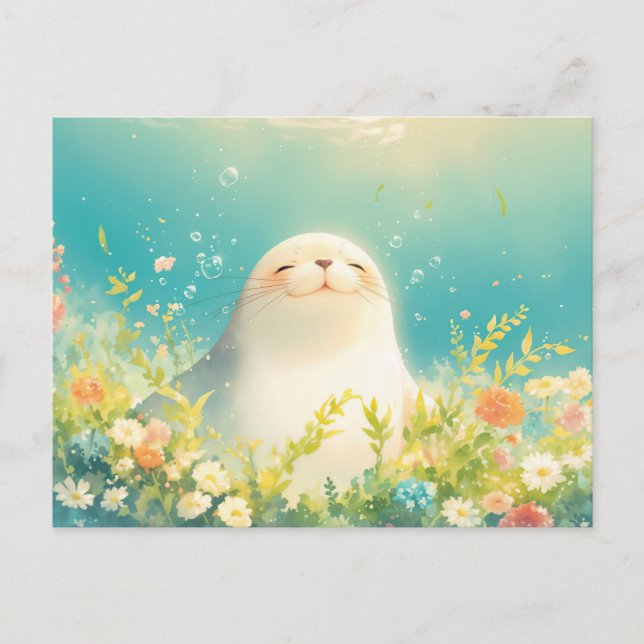 Carte Postale Bébé phoque joyeux dans une prairie lumineuse (Devant)