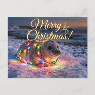 Carte Postale Bébé phoque mignon enveloppé de guirlandes de Noël