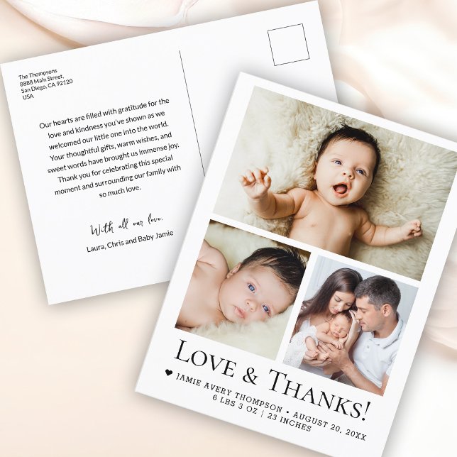Carte Postale Bébé Photo Faire-part de naissance Amour et Merci (Customizable 3 baby photo Love and thanks birth announcements postcard.)