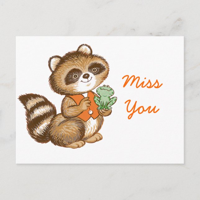 Carte Postale Bébé Raccoon en Orange Vest avec meilleur ami Gren (Devant)