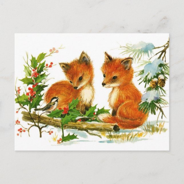 Carte Postale Bébé renards à l'écoute des oiseaux (Devant)