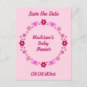 Carte Postale Bébé rose Baby shower papillons et fleurs
