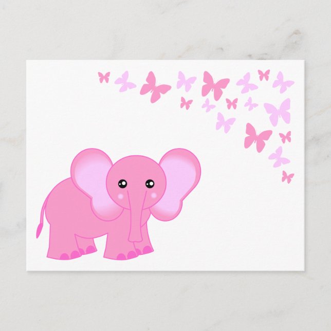 Carte postale Bébé Rose Cute Elephant Et Papillons (Devant)