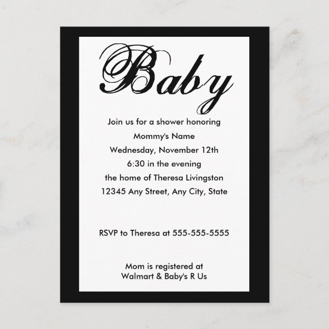 Carte Postale Bébé Script Baby shower Invitation Blanc (Devant)
