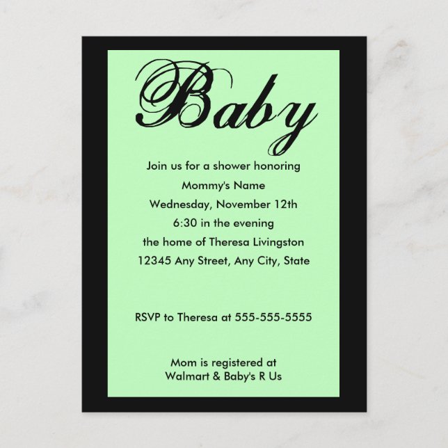 Carte Postale Bébé Script Baby shower Invitation Vert (Devant)
