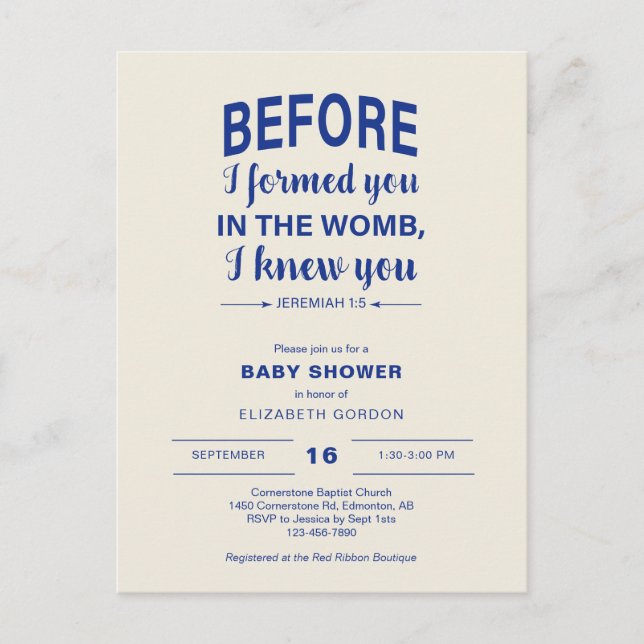Carte Postale Bébé Shower de Verset Biblique Avant de vous forme (Devant)