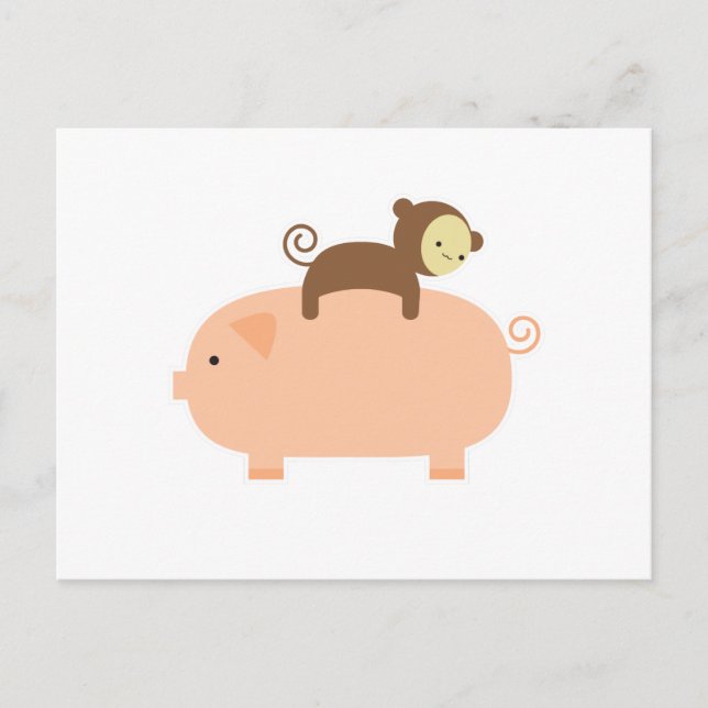 Carte Postale Bébé singe équitation sur un cochon (Devant)