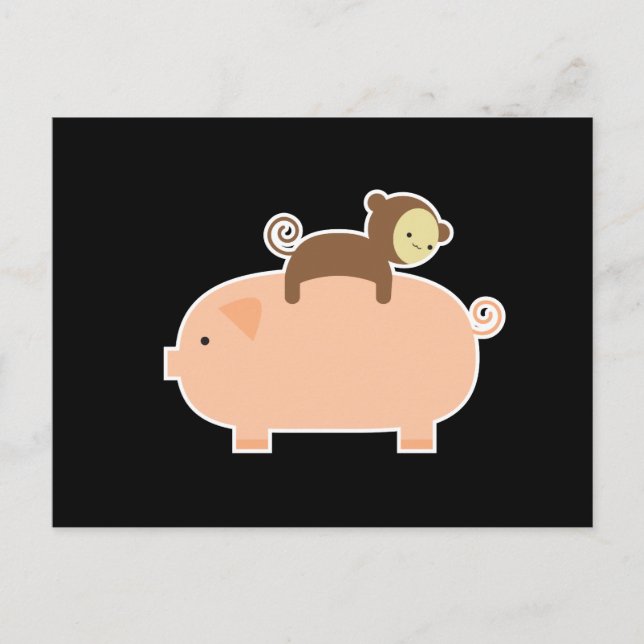 Carte Postale Bébé singe équitation sur un cochon (Devant)