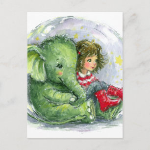 Carte Postale Bébé surréaliste éléphant vert et fille aux bottes