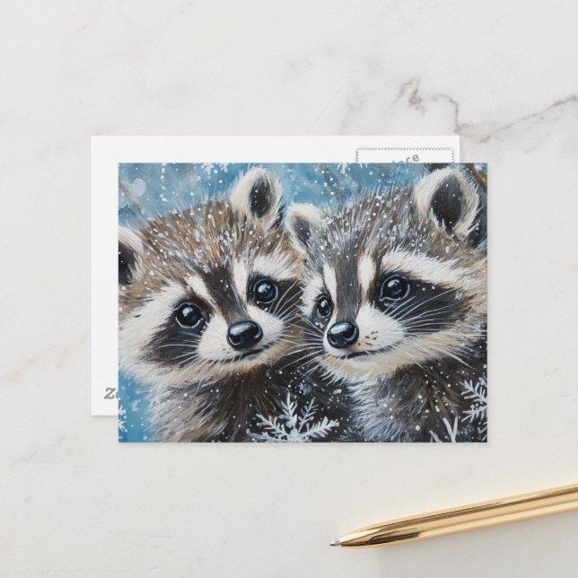Carte Postale Bébés ratons laveurs mignons neige d'hiver (Devant/Arrière en situation)