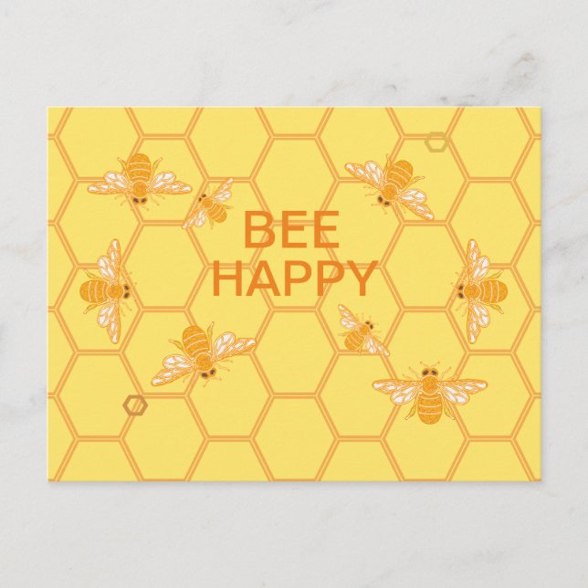Carte Postale Bee Happy miel abeilles sur nid d'abeille jaune (Devant)