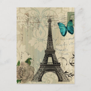 Carte Postale beige Damas papillon rose Paris Tour Eiffel