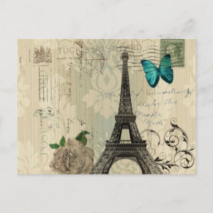 Carte Postale beige Damas papillon rose Paris Tour Eiffel