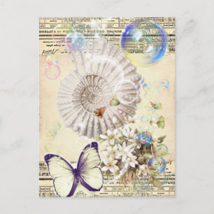 Carte Postale beige vintage butterfly seashell French botanical