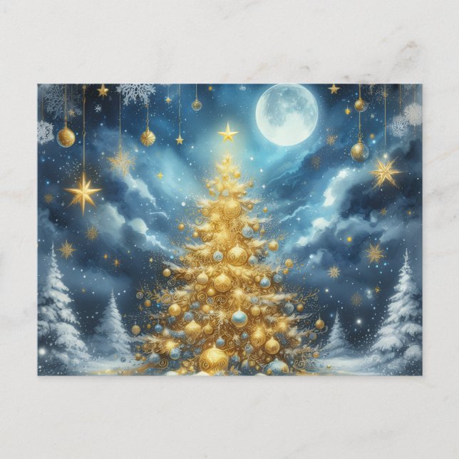 Carte Postale Bel arbre de Noël doré bleu (Devant)
