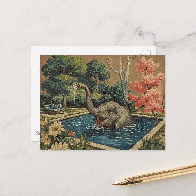 Carte Postale Bel éléphant vintage dans la piscine (Devant/Arrière en situation)