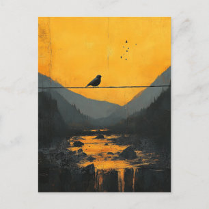 Carte Postale Bel Oiseau Noir sur un Fil dans les Montagnes