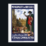 Carte Postale Belgique Bruxelles Affiche Vintage restaurée<br><div class="desc">Rénové et numériquement affiche publicitaire améliorée montrant un homme tenant une cloche devant une grande foire commerciale en 1923. Imperfections supprimées. Couleurs corrigées.</div>