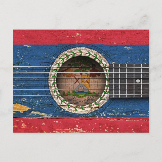 Carte Postale Bélize Drapeau sur la vieille guitare acoustique (Devant)