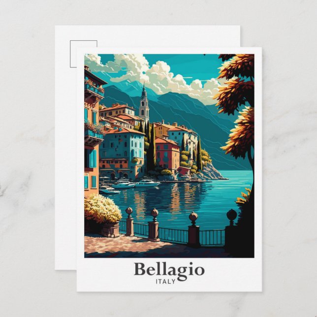 Carte Postale Bellagio Italie Vintage voyage d'art Illustration (Devant / Derrière)