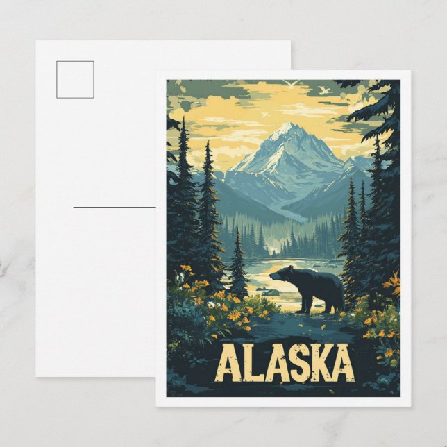 Carte Postale Belle Alaska Ours Vintage Illustration Voyage (Devant / Derrière)