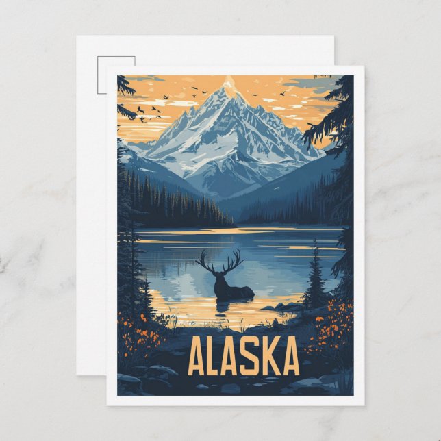 Carte Postale Belle Alaska USA Vintage Illustration Voyage (Devant / Derrière)