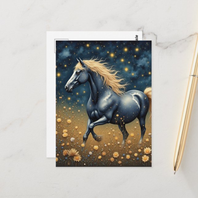 Carte Postale Belle Année du Cheval dans la prairie  (Devant/Arrière en situation)