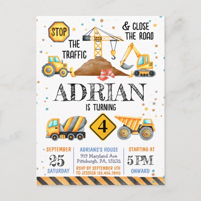 Carte Postale Belle aquarelle d'anniversaire Véhicules de constr (Devant)