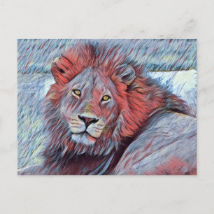 Carte Postale Belle Aquarelle de Lion Majestic en bleu et rouge