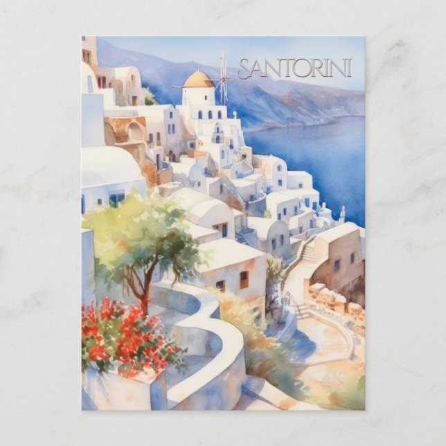 CARTE POSTALE Belle aquarelle de Santorin Grèce (Devant)