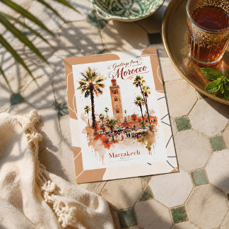 Carte Postale Belle Aquarelle Marrakech Medina Rouge