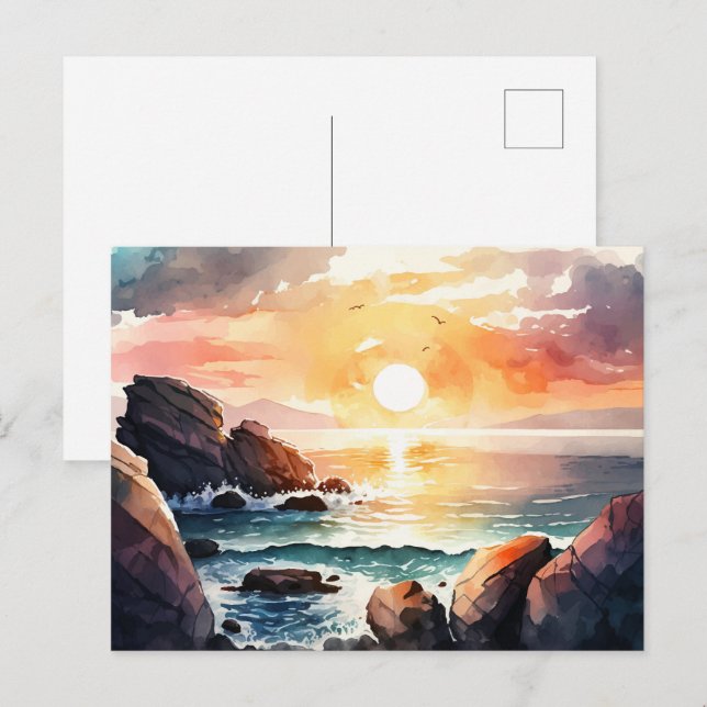 Carte Postale Belle aquarelle Océan Coucher de soleil paysage (Devant / Derrière)