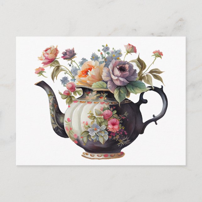 Carte Postale Belle Aquarelle Teapot, Fleurs, Teacups (Devant)
