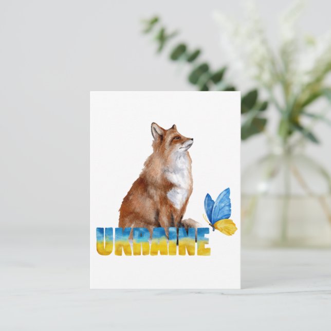 Carte Postale Belle aquarelle Ukraine Fox et papillon (Debout devant)
