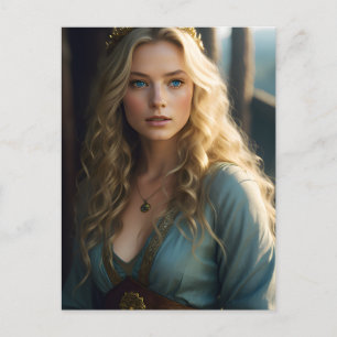 Carte Postale Belle boucles blondes Femme en Robe Bleue et Or