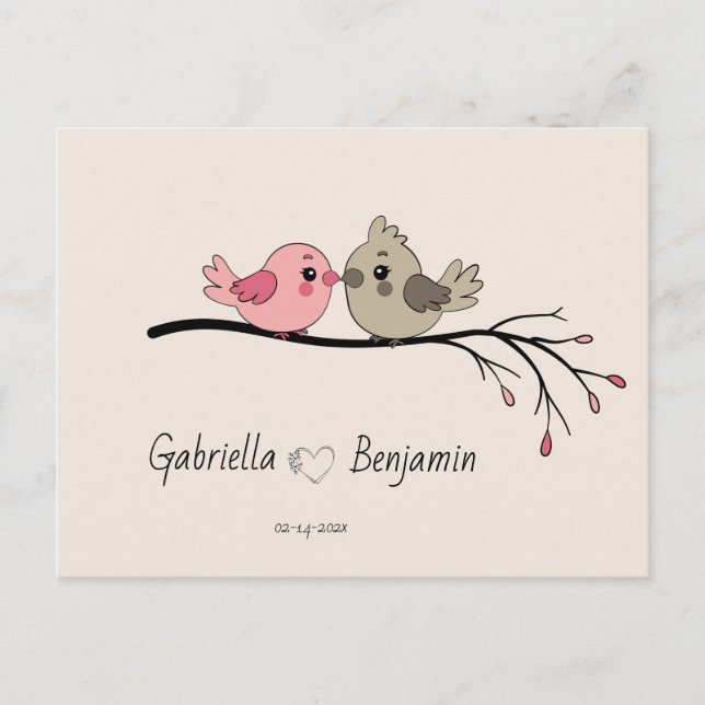 Carte Postale Belle Cartoon Lovebirds sur la branche Saint-Valen (Devant)