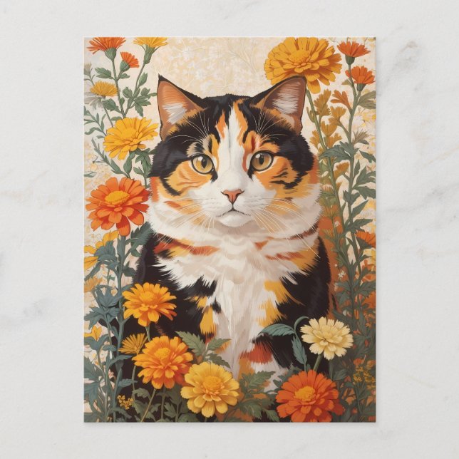 Carte Postale Belle Chat Calico Avec Fleurs Marigold (Devant)
