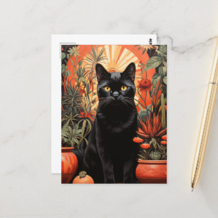 Carte Postale Belle Chat Noir dans les Houseplants tropicaux