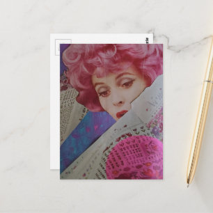 Carte Postale Belle Dame aux Cheveux Roses Collage Mixte Rétro