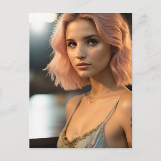 Carte Postale Belle Dame Avec Cheveux Rose Pastel (Devant)