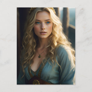 Carte Postale Belle dame blonde dans une robe bleue et or