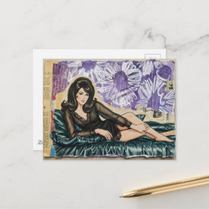 Carte Postale Belle Dame de 1969 Collage de Fleurs Violettes